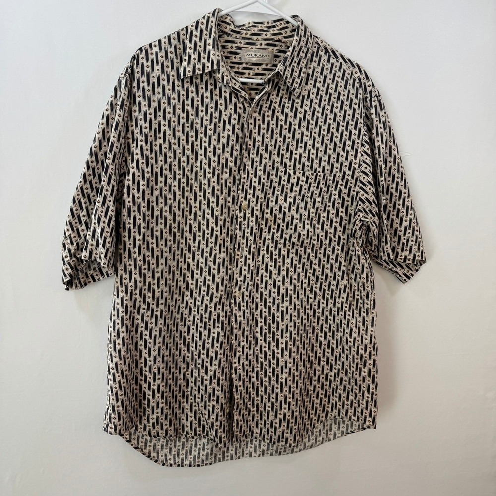 Murano Mens Linen Cotton Blend Short Sleeve Button Down Ikat Print Shirt Medium - Picture 2 of 8